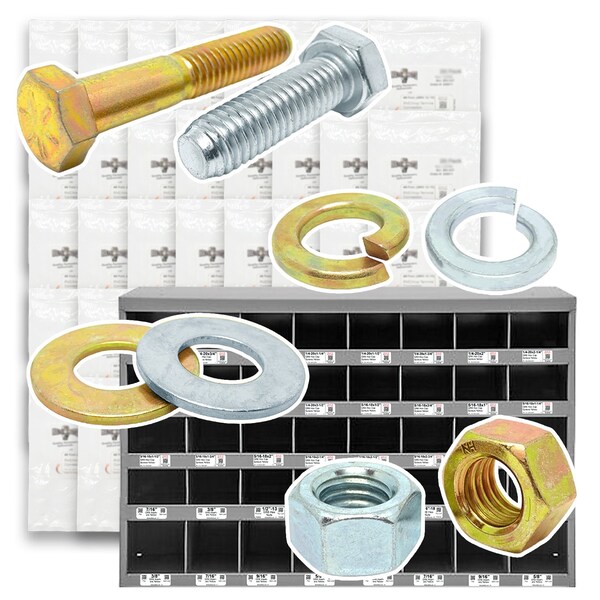 Boltsandnuts.Com Grade 8 and Class 10.9 Cap Scrws, Nuts, Wshrs & Lock Wshrs - Zinc Clear & Zinc Yellow - 4024 PCS Assortment Kit #518 - main
